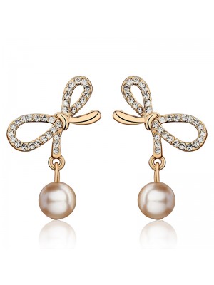 Fashionable Lovely Bowknot Pearl Pendant Crystal Earrings