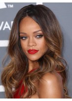 Rihanna Dip Dye Haarstil Lange Wellen Leimlose Spitze Perücke 